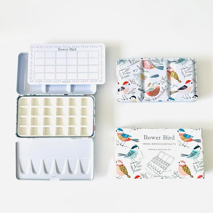Bower Bird Travel Watercolor Palette,Portable Ceramic Palette,Empty Paint Palette,Small Travel Metal Paint Boxwith Porcelain Palette (24Well)