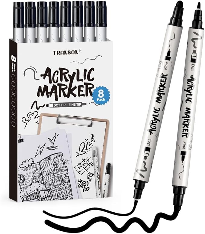 TRANSON 8 Pack Black Bold and Fine Dual-tip Acrylic Paint Marker for DIY Glass Canvas Wood Leather Ceramic Rock Painting