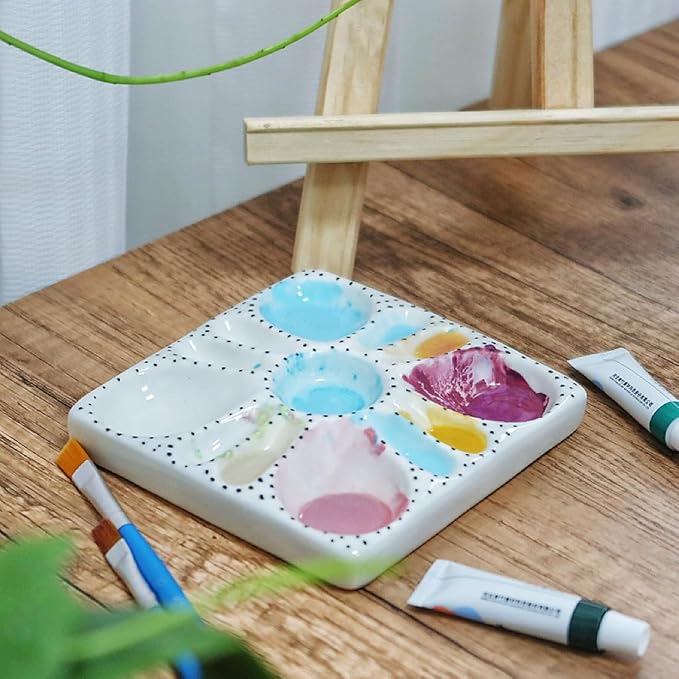 Ceramic Watercolor Palette - Whimsical Black Polka Dot Design with Slanted Paint Well, Premium Glazed Ceramic Artist Palette for Watercolor & for Various pigments