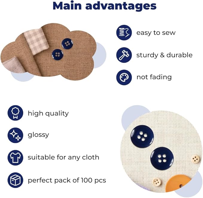 100 Pcs Navy Pant Buttons 0.7 inch Industrial Buttons for Sewing 27L 4 Hole Sewing Round Plastic Replacement Bulk Ideal for Pant Uniform Pants Jeans Jacket Skirt Shorts Craft DIY Art Decorative