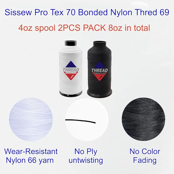 Sissewpro 2 Pack Bonded Nylon Thread 69 Upholstery Thread Heavy Duty for Leather Sewing Machine Extra Strong Black Threads for Hand Repair, Crafts, Beading, Denim, Canvas 4oz 1500yds Each（ BK,WH）