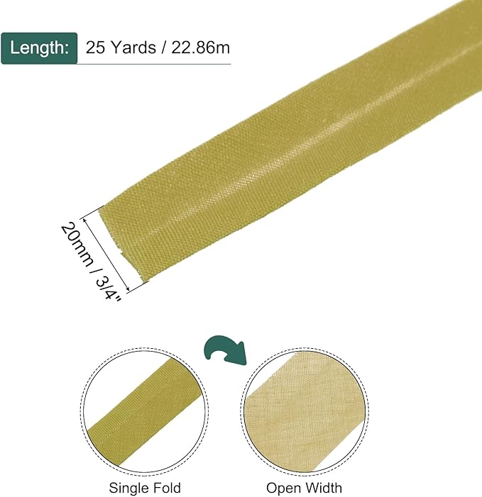 MECCANIXITY 3/4 Inch Single Fold Bias Tape Polyester Continuous Bulk Bias Tape Roll for Sewing, Seaming Quilting Hemming Binding Crafts (Gold 25 Yards)