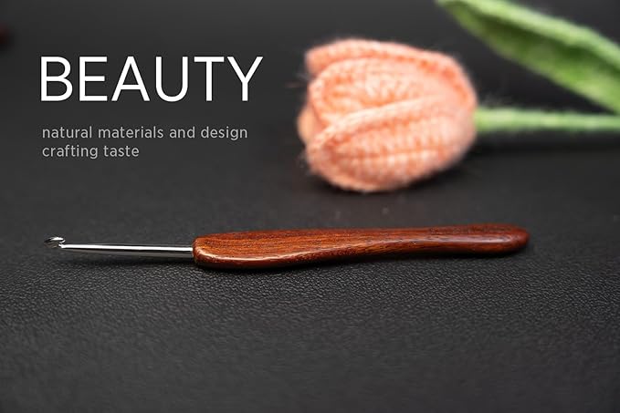 SEVENSUN Mimosa 0.6mm Single Crochet Hook, Available in 0.6mm-6.5mm, Ergonomic Hand Polished Stainless Steel Inline Pointy Wood Handle Crochet Hook for Arthritic Hands, Mother's Day Gifts for Mom
