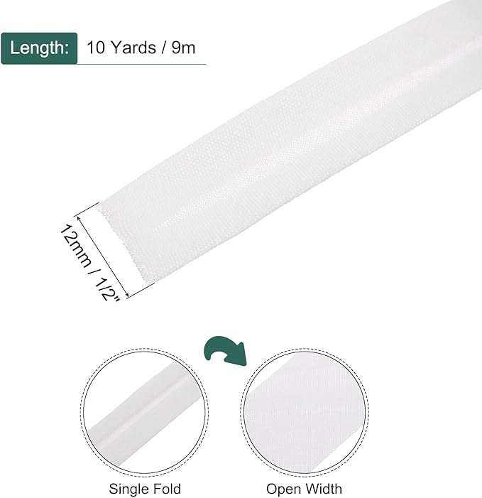 MECCANIXITY 1/2 Inch Single Fold Bias Tape Polyester Continuous Bulk Bias Tape for Sewing,Seaming Quilting Hemming Binding Crafts (White 10 Yards)
