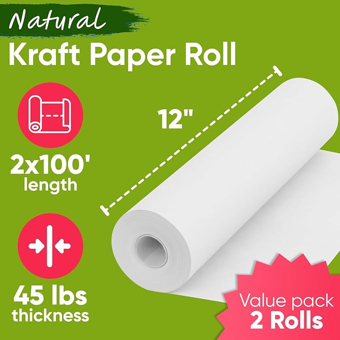 12" x 1200" (100 ft) White Kraft Paper Roll (Value Pack of 2), 45 lbs Thickness, Made in USA Colored Kraft Paper for School, Bulletin Board - Odorless, Non-Toxic, Safe for Kids