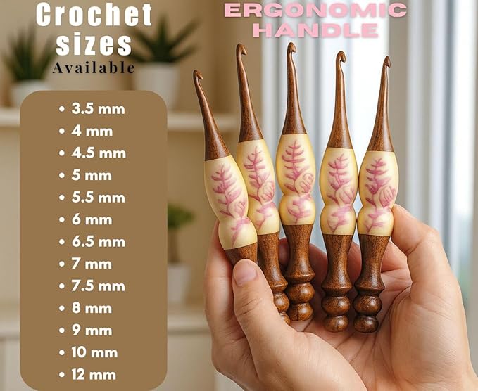 Resin Floral Crochet Hook Set – Ergonomic Wooden Handle with Handcrafted Flower Design, Comfortable Grip Crochet Needles for Knitting & DIY Craft Projects (Brown, 5.5 mm)