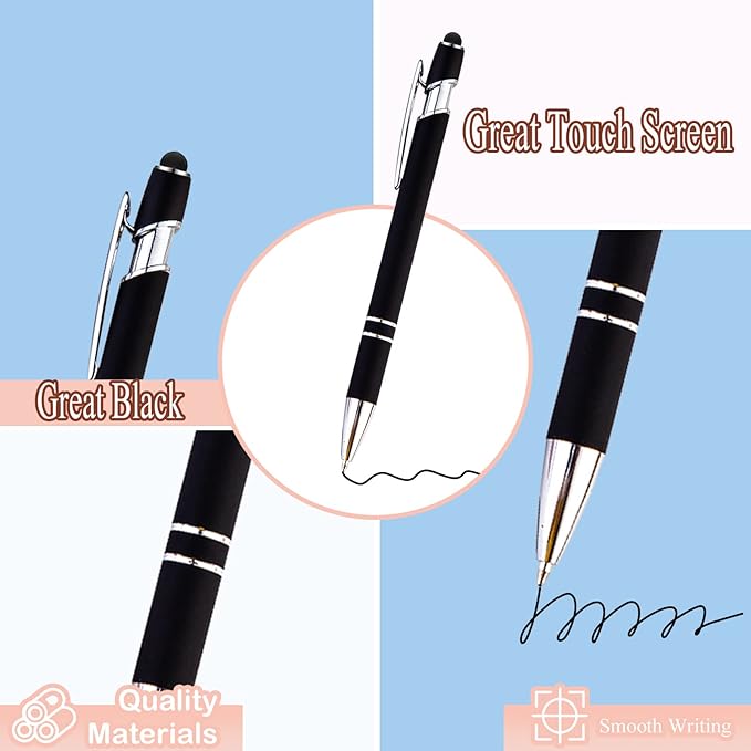 PASISIBICK 8 Pack Black Ballpoint Pens 2-in-1 Stylus Retractable Metal Stylus Pen for Touch Screens with Stylus tip, 1.0 mm Black Ink