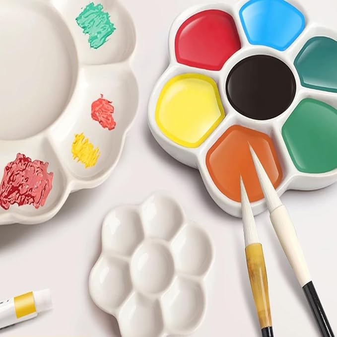 7 Wells Ceramic Paint Palette - Porcelain Watercolor Paint Palette Tray Mixing Flower Palette Tray for Watercolor Gouache Painting,Round,Arts & Crafts Accessories(4.5inch)