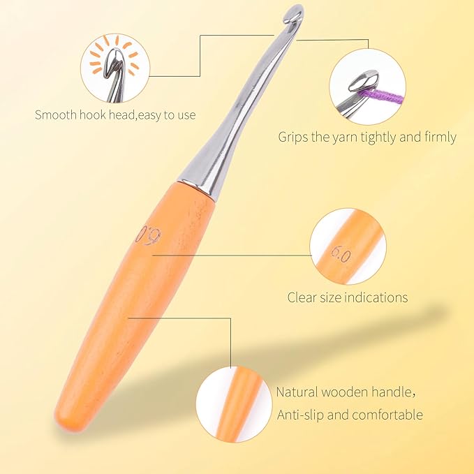 Crochet Hooks 6mm Crochet Hook Soft Lightweight Wood Ergonomic Handle and Stainless Steel Crochet Needles Tip (6 mm-J)