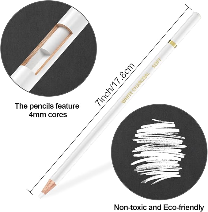 White Charcoal Pencils, Pack of 12 Charcoal Drawing Pencils, Charcoal Pencils for Artists, Art Supplies for Drawing and Highlighting.