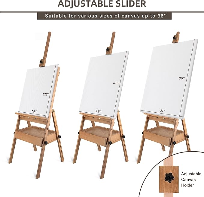 Large Solid Beech Wood Painting Easel with Storage Drawer and Palette (60"~75" H), H-Frame Foldable Wooden Easel Stand with Signature Box for Adults and Students, Holder up to 36''