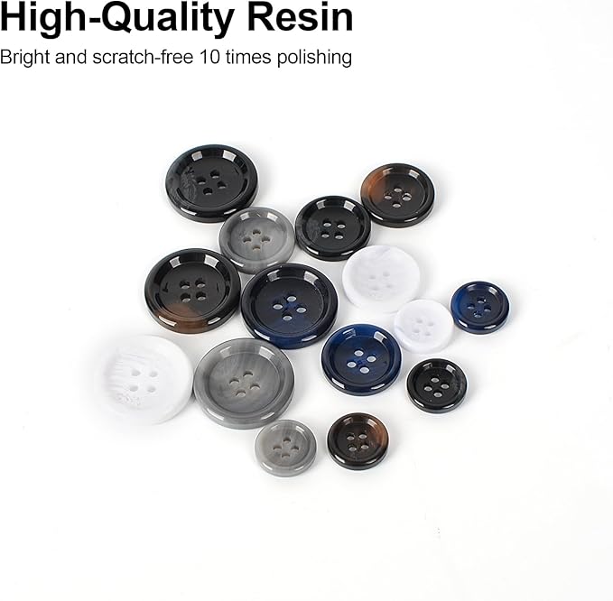 110Pcs Mixed Sewing Buttons, 4-Hole Craft Round, 5 Color 3 Size(15mm,20mm,25mm) Suit Coats Blazer Resin Button, Suitable for Variety Clothing Sewing, DIY Craft (White,Grey, Brown,Blue, Black)