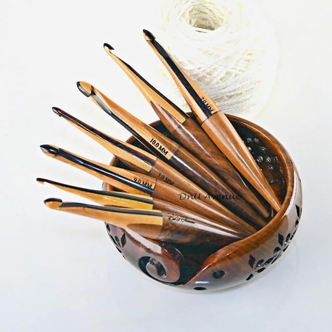 DnU Avenue Multicolor Wooden Crochet Hooks Set of 7 (4MM–10MM) with Yarn Bowl | Ergonomic Crochet Hooks for Arthritic Hands | Comfortable Wooden Crochet Needles | Perfect Gift for Crochet Lovers