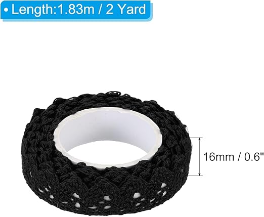 Black Self-Adhesive Lace Washi Tape – 2 Yards Cotton Fabric Ribbon Trim (1.5cm Width),Decorative Crochet Lace Sticky Tape for DIY Crafts,Scrapbooking,Card Making,Wedding Album & Embellishment Projects