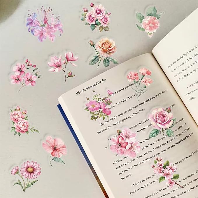 Pink Floral Waterproof Stickers for Scrapbooking – 50pcs Transparent Flower Decals for Journaling, Planner, Cardmaking, Laptops, Mug Decoration