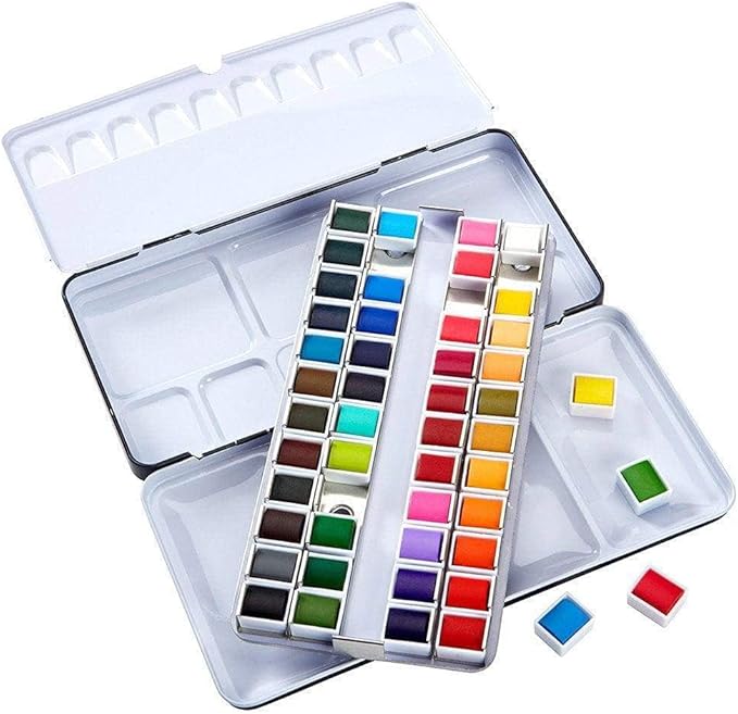 KINGART PRO Artist, Tin Box with Water Brush Watercolor Half-Pans, 48 Vibrant Colors Piece