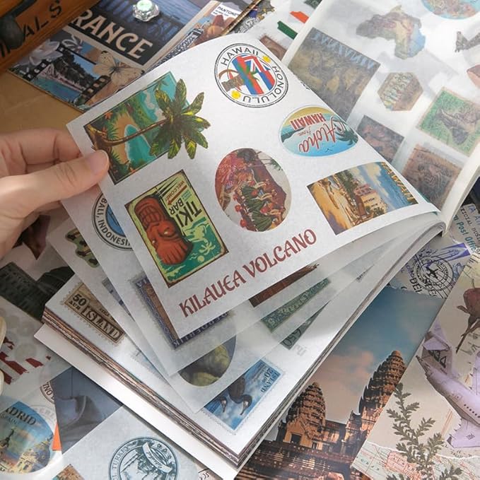 Vintage Aesthetic Washi Stickers and Papers for Scrapbooking, 50 Sheets Ephemera Book for Art Journaling with Retro Global Travel Theme Stickers and Decoupage Papers for Junk Journal