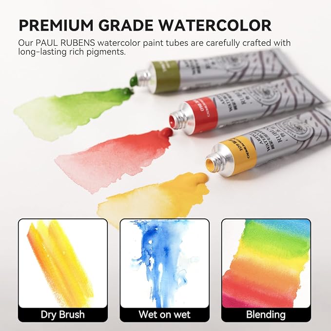 Paul Rubens Watercolor Paint Set 24 Vibrant Colors 12ml / 0.4 Fl Oz Tubes, Watercolor Tubes with Great Value, Water Color Paints Art Supplies for Adults, Artists & Beginners & Academy Grade