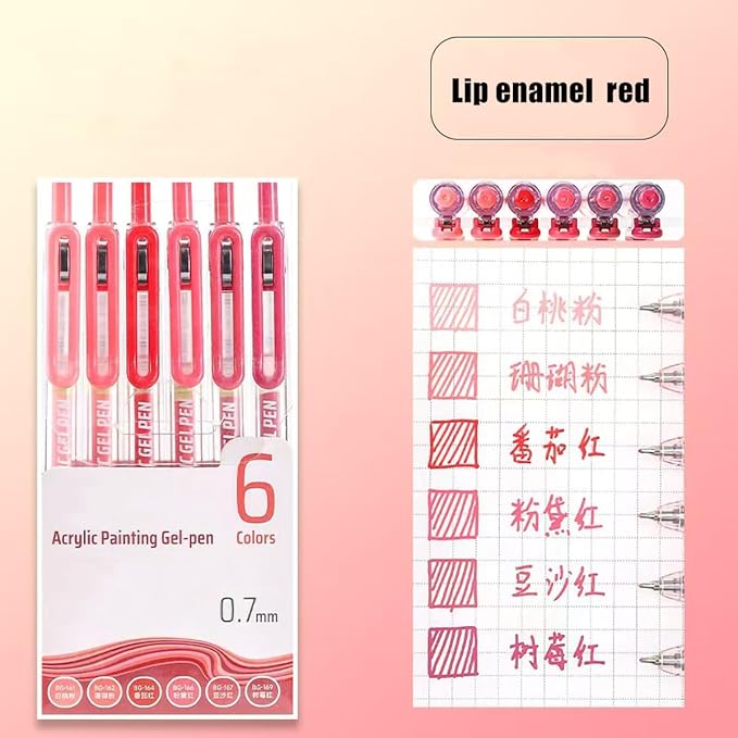 6 Colors Acrylic Gel Pens for Coloring, 0.7mm Fine Tip for Adult Coloring, Black Paper, Drawing, Journaling, Note Taking, Lip Gloss Red