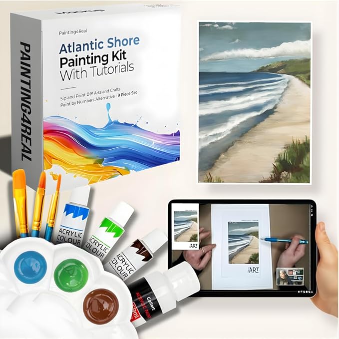 Painting4Real DIY Art Painting Kit for Adults – Learn to Paint Atlantic Coast with Video Tutorials – 9 Pieces Acrylic Paint Set for Adults –Perfect Christmas Crafts & Holiday Gifts for Art Lovers