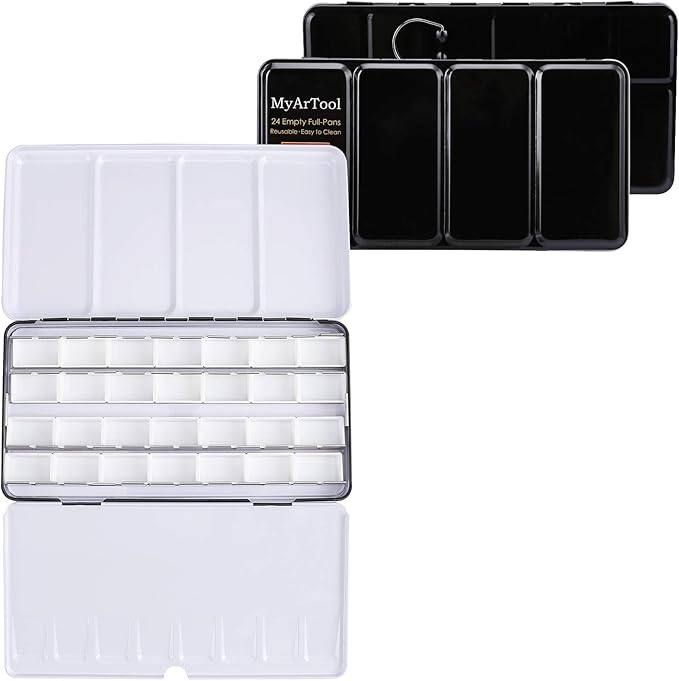 MYARTOOL Metal Palette Case - Fold-Out Paint Tins Hold 24 Pans, Travel Palette for Watercolor & Acrylic Painting