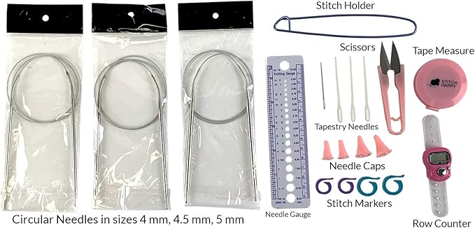 Stitch Happy Designer Knitting Starter Kit: 20 Piece Knitting Kit for Beginners & 7 Pocket Yarn Bag, Signature Yarn Storage (Cobalt)
