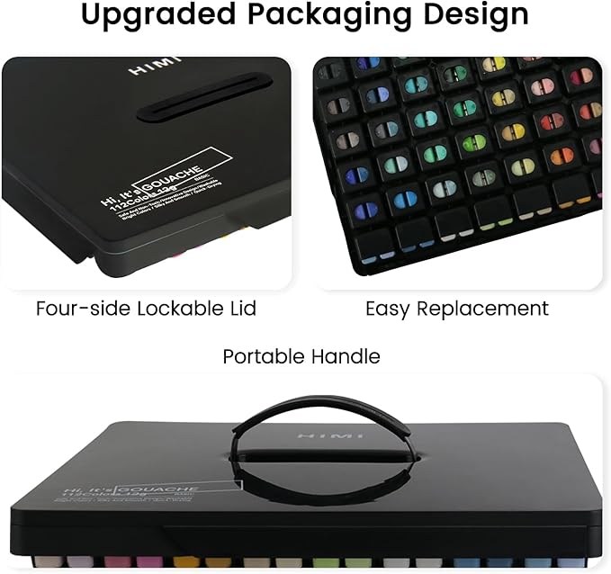 HIMI Gouache Paint Set, 112 Colors x 12g Twin Jelly Cup Design in Carrying Case, Non-Toxic Paint for Canvas and Paper, Perfect for Artists, Student, Opaque Painting (Black)