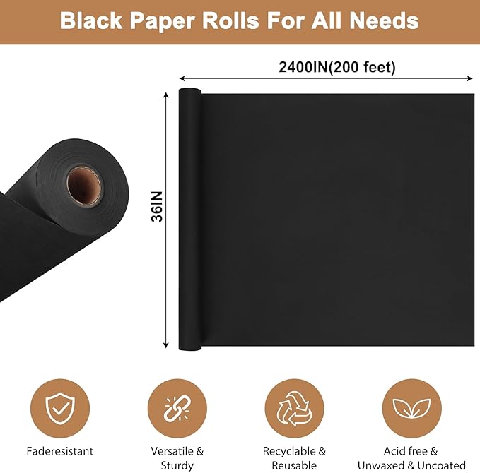 Moretoes 36" x 2,400"(100') Black Wrapping Paper Roll, Kraft Packing Paper Roll for Gift Wrapping Craft Bulletin Board Banner Art Bouquet Flower Packing Moving Shipping 85GSM