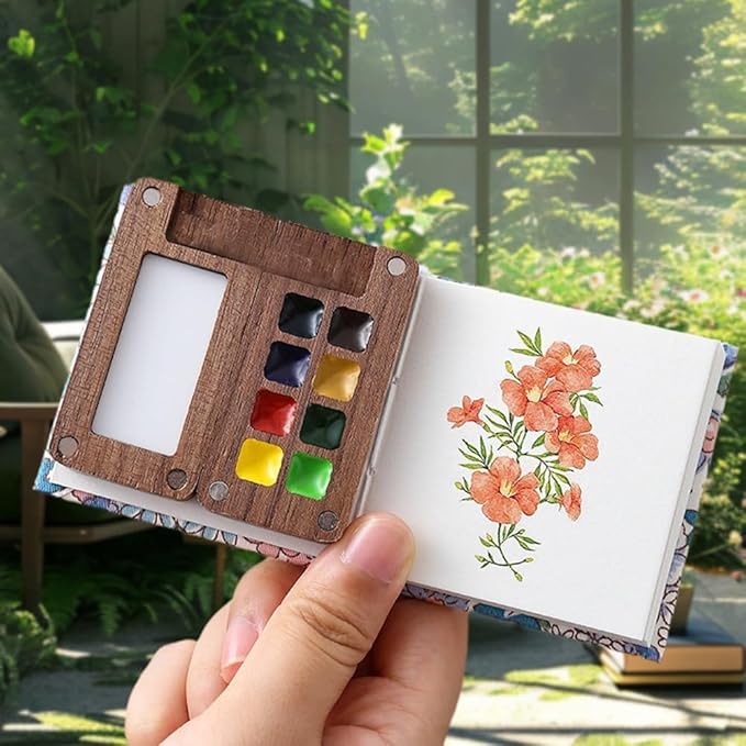 Mini Watercolor Paint Set, 2026 New Mini Watercolor Travel Set with Picture Book, Wooden Paint Palette for Painters, Artists, and Students (8 Grids)