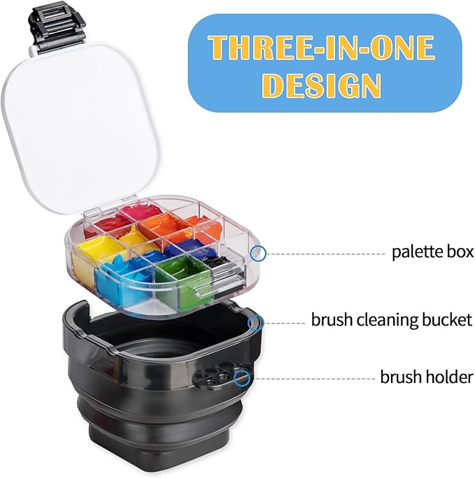 Falling in Art Paint Palette, Airtight 16 Wells Storage Palette Box with Lid and Folding Paint Brush Basin for Watercolor, Gouache and Acrylic Painting (Black)