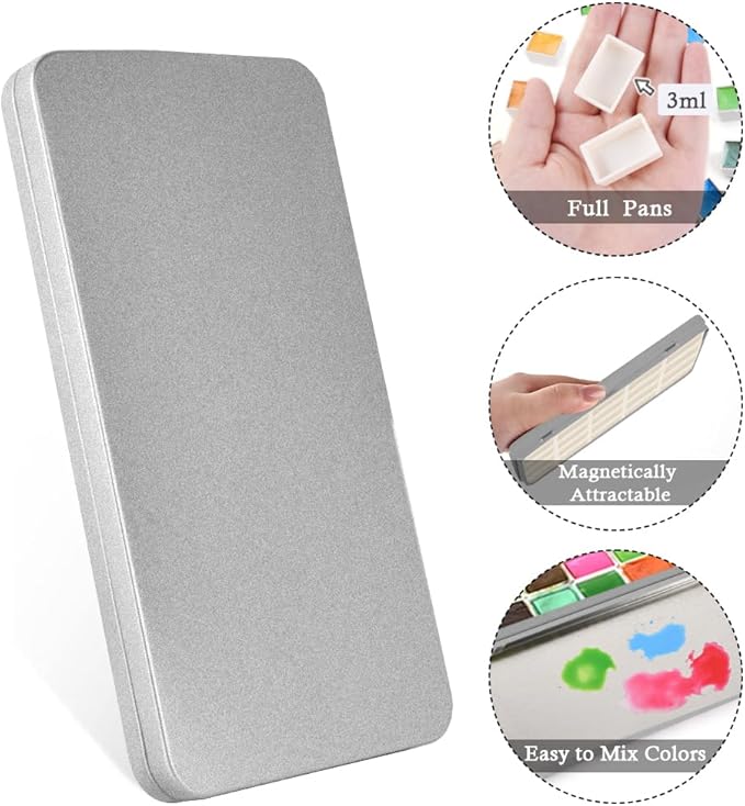 Portable Watercolor Paint Palette with Tins, Lightweight Empty Full Pans with Magnetic Squares, Metal Paint Tray Palettes for Travel, Acrylics Painting and Art, 20Full Pans,Silver