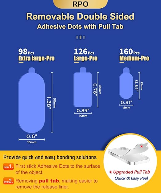 Extra Large-Pro Mounting Putty No Residue with Pull Tab, Strong Double Sided Glue Adhesive Dots Clear Museum Sticky Tack, Picture Hanging Strips Fixed Decor Craft, 0.6 x 1.38 in (98 Pcs)