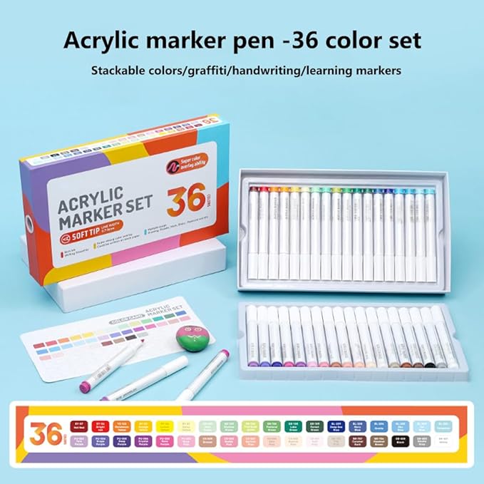 36 Colors Acrylic Paint Markers, Water Based Acrylic Paint Pens Set with Brush Tip for Wood, Glass, Paper, Stone, Egg, Rock Painting and DIY Crafts