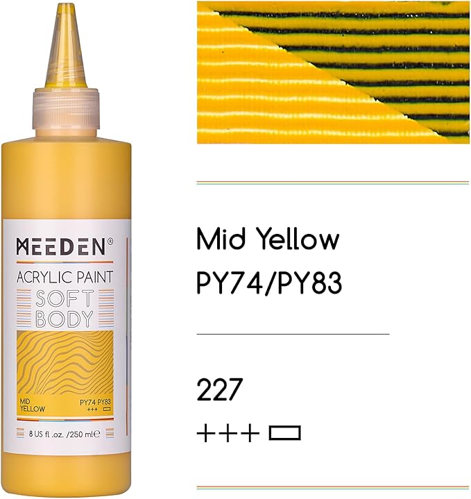 MEEDEN Mid Yellow Acrylic Paint: Matte Finish 250ml/8.45oz Soft Body Bulk Acrylic Colors in Ergonomic Bottle - Fluid Flow Art Paints for Adults Artists Canvas Art Painting