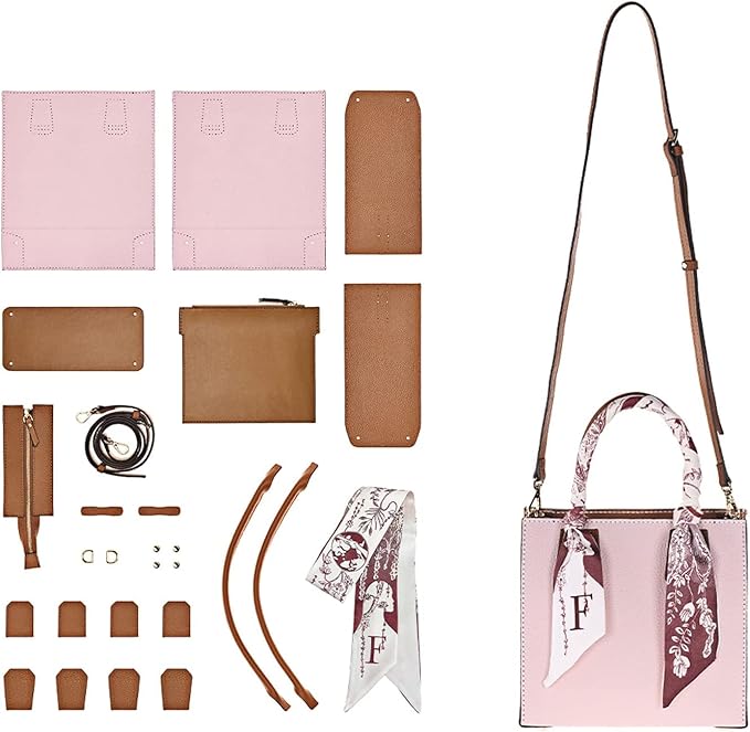 POPSEWING Top Grain Leather Mini Tote Handbag DIY Kit, Crossbody Shoulder Bag with Sewing Kits for Women, Girls, DIY Leather Bag Kit for Personalized Gift (Pink)