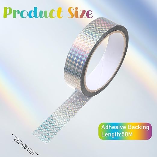 Reflective Holographic Adhesive Tape, Reflective Tape for Birds, Holographic Ribbon, Self-Adhesive Bird Scare Ribbon for Keep Birds Away, DIY Crafts, Daily Home Use(1inch 54 Yard)