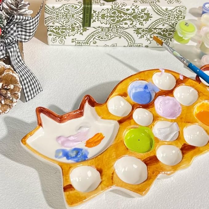 Ceramic Palette - Cat Shaped Painting Tray with Mixing Zones & Individual Wells, Durable Ceramic Artist Palette for Watercolor, Gouache - Painting Gift