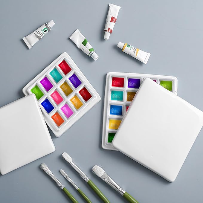 12 Wells Ceramic Palette with Covers Porcelain Paint Palette Mixing Tray for Painting Watercolor Gouache Arts & Crafts Accessories Organizer Mixing Colors