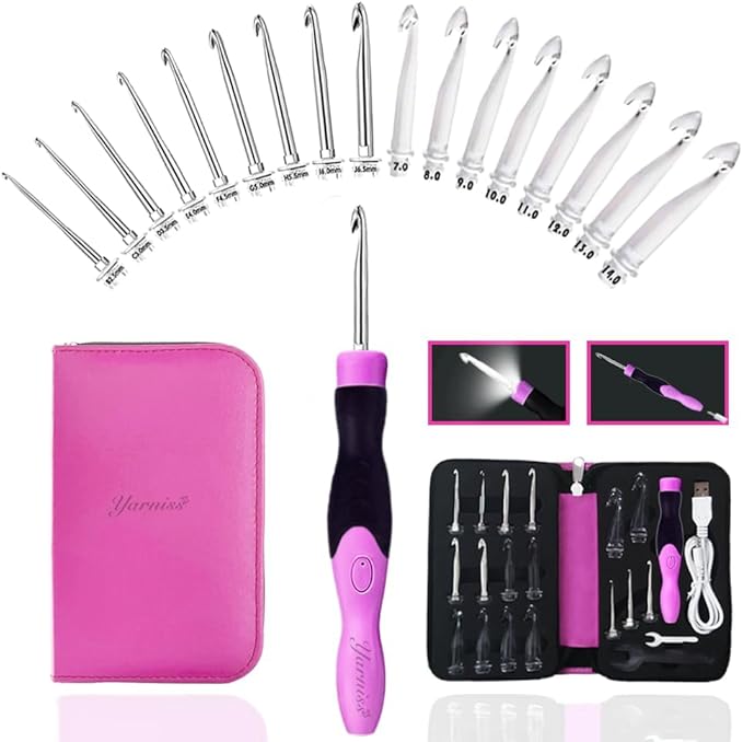 Yarniss 17 Size Lighted Crochet Hooks Set 2.5 mm to 14.0 mm, Metal Rechargeable Light Up Crochet Hooks with Case