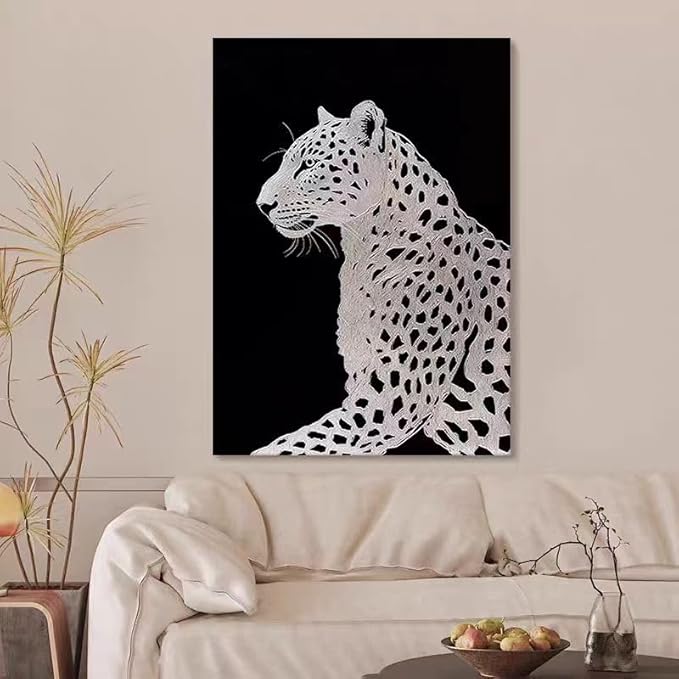 Modern Black and White Leopard Wall Art Canvas, Large Contemporary Wildlife Home Decor, 24x36 inches