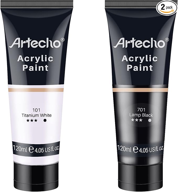 Artecho Professional Acrylic Paint, White and Black (120ml / 4.05oz) Tubes, Art Craft Paints for Canvas, Rock, Stone, Wood, Fabric, Art Supplies