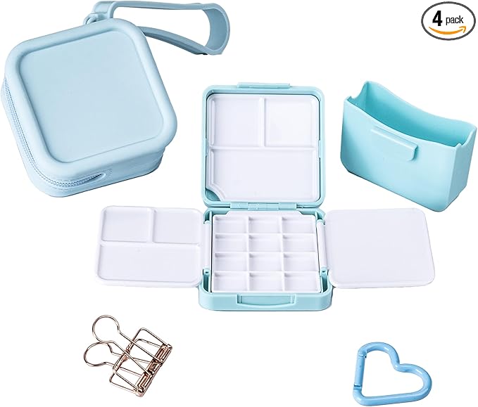 WTYONZEL Travel Pocket Watercolor Set, Artist Outdoor Sketch Kits with 24 Well Palette,3 Foldable Palettes,Clip-on Washing Bucket,Silicone Bag,Ideal for Outdoor Sketch Artists(Blue)