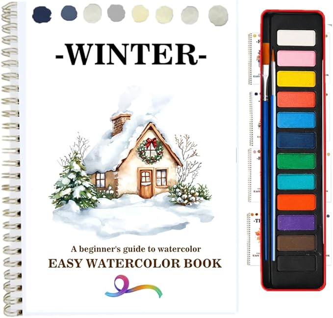 Watercolor Workbooks Coloring Book Beginner Friendly Painting Kit Easy Nature Scenes Paint Set Art Crafts for Creative Exploration Gift for Adults (Winter, with Palette)