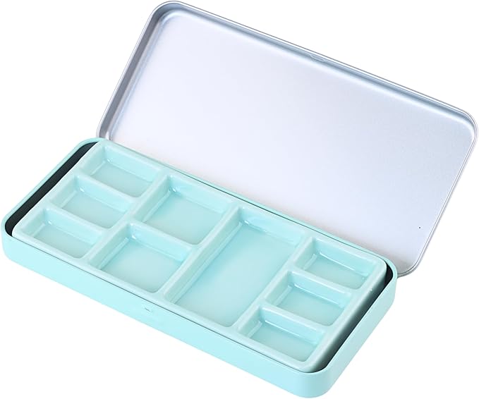 Travel Watercolor Palette, Portable Ceramic Palette 9 Well, Watercolor Palette with Lid, Empty Wet Palette Metal Paint Box with Porcelain Palettes(Green Box)
