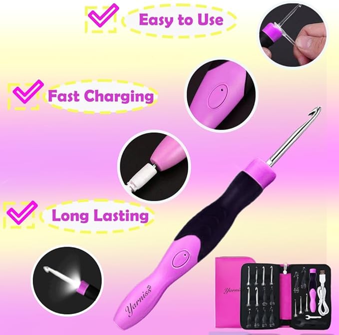 Yarniss 17 Size Lighted Crochet Hooks Set 2.5 mm to 14.0 mm, Metal Rechargeable Light Up Crochet Hooks with Case