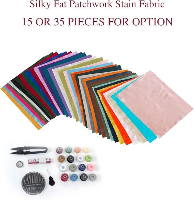 Q&J Fabric Co. 35Pcs 10" x 8" Satin Fabric Fat Quarter Cloth Pre-Cut Quilt Squares Bundle Assorted Colors Sheets Quilting Fabric for Festive Gift Doll Bags Sewing and DIY Crafting Patchwork Cushions