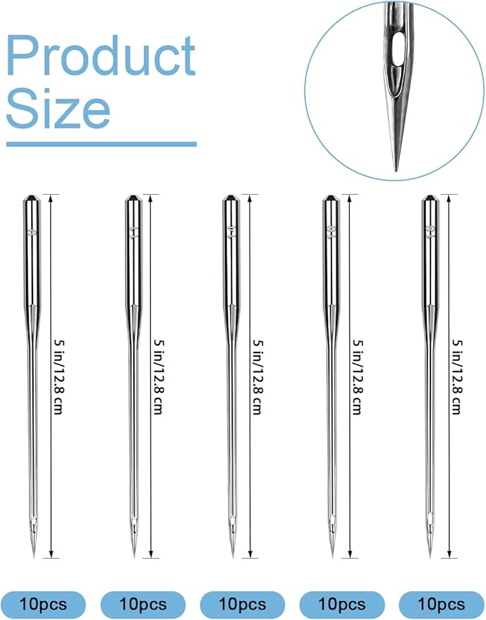 50 Pcs Universal Sewing Machine Needles HAX1,Assorted 65/9, 75/11, 90/14, 100/16 110/18 Ideal for Fabrics, Heavy Duty Sewing Machine Needle for Thick Fabric Including Canvas Leather Embroidery Jeans