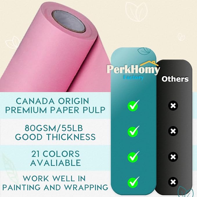PerkHomy 17.8" x 1,440" (120') Light Pink Kraft Paper Roll for Craft Bulletin Board Paper Art Table Covering Crafting Gift Wrapping Bouquet Packing Parcel 80GSM 55LB (Light Pink, 17.8" x 120')
