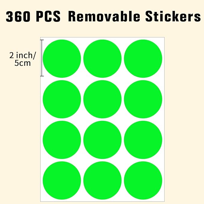2" Round Large Colored Removable Stickers Labels - Fluorescent Green,Pack of 360