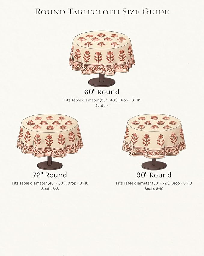 ATOSII Amara 100% Cotton Round Summer Tablecloth, Handblock Print Floral Table Cloth for Kitchen Dining Linen I Parties, Weddings, Outdoors I Grand Millennial Farmhouse Home Decor 90" Inches Round